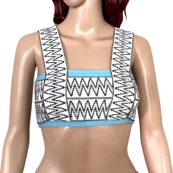 Zig Zag Embroidered Bandeau Crop Top Womens Small Turquoise White Wide Strap - Picture 3 of 10